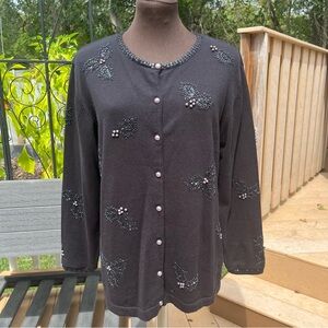 Vintage Quacker Factory Christmas Winter Holiday Beaded Holly Cardigan Size S